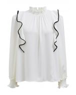 Black Stitch Ruffle Puff Sleeve Shirt in White