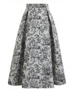 Graceful Inky Floral Jacquard A-Line Midi Skirt