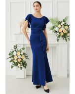 Cascade Ruffle Split Front Sleek Gown in Navy