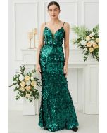 Deep V-Neck Sequin Mermaid Cami Gown in Emerald