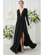 Deep V-Neck Front Split Maxi Gown in Black