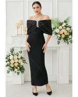 Rhinestones Decor Big Bow Cold-Shoulder Maxi Dress in Black