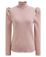 Turtleneck Gigot Sleeve Knit Top in Dusty Pink