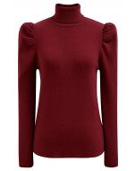 Turtleneck Gigot Sleeve Knit Top in Burgundy