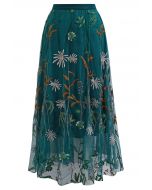 Whimsical Flowers Embroidered Mesh Tulle Midi Skirt in Teal