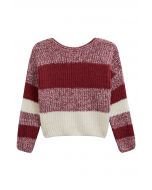 Fuzzy Contrast Stripe Ribbed Knit Sweater in Red