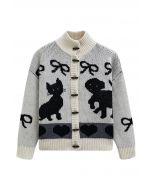 Bubbly Animal Button Down Ribbed Wool Cardigan in Ivory