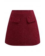 Sequin Fringe Decor Tweed Mini Bud Skirt in Red