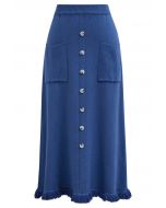 Button Trim Fringe Hem Knit Midi Skirt in Indigo