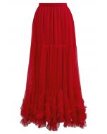 Ruffle Hem Double-Layered Mesh Maxi Skirt in Red