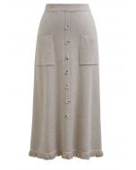 Button Trim Fringe Hem Knit Midi Skirt in Oatmeal