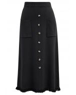 Button Trim Fringe Hem Knit Midi Skirt in Black