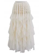 Ruffle Panelled Mesh Tulle Midi Skirt in Ivory