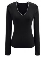 Pearl Decorated Ribbed Knit Top in Black