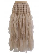 Ruffle Panelled Mesh Tulle Midi Skirt in Light Tan