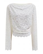 Floral Cutwork Boat Neck Mesh Top in White