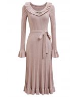 Ruffle Charm Tie Sash Ribbed Knit Dress in Dusty Pink