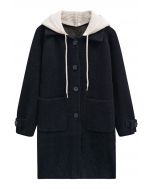 Detachable Hooded Collared Button Down Knit Coat in Black