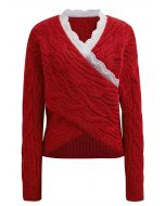 Lace Trim Crisscross Cable-Knit Sweater in Red