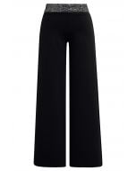 Sequin Accented Waist Straight-Leg Pants in Black