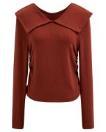 Flap Collar Ruched Side Long Sleeve Top in Rust Red