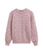 Embossed Heart Cable Knit Sweater in Light Pink