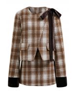 Velvet Side Bowknot Plaid Coat and Mini Skirt Set