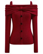 Bowknot Cold-Shoulder Heart Button Knit Top in Red