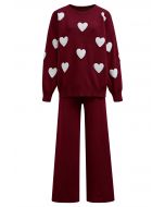 Heart Patch Knit Sweater and Pants Set in Burgundy