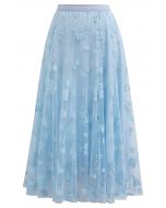 3D Posy Double-Layered Mesh Midi Skirt in Baby Blue