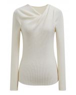 Twist Neckline Ribbed Knit Top in Cream