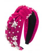 Heart Rhinestone Pearl Knotted Headband in Magenta