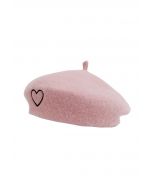 Embroidered Heart Wool-Blend Beret in Pink