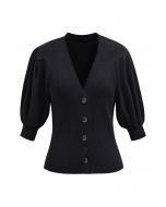 Bubble Sleeve V-Neck Buttoned Knit Top in Black