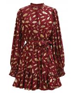 Golden Leaf Printed Tie-Sash Mini Dress in Red