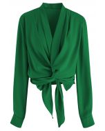 Crisscross Tie-Bow Satin Top in Emerald