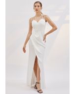 Multiple Straps Ruched Flap Slit Mermaid Gown in White