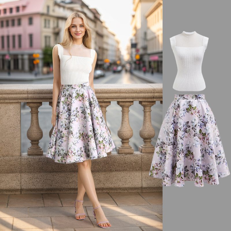 Bright Floral Printed Flare Midi Skirt in Light Pink Retro Indie and Unique Fashion